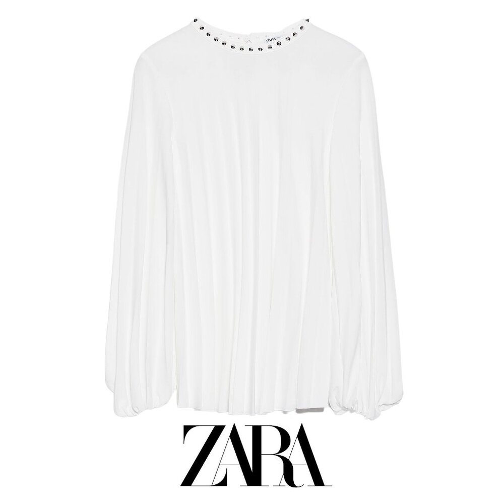 ZARA White Pleated Shirt Long Sleeve With Stud spike APPLIQUÉS